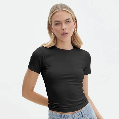 Women's Slim Fit Short Sleeve T-Shirt Sexy Round Neck Solid Color Basic Summer Top For Casual Daily Wear Women Clothing