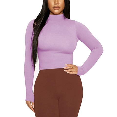 Women Mock Neck Long Sleeve Slim Fit T-Shirt Solid Color Sexy Stretchy Undershirt Polyester Spandex Casual Basic Top