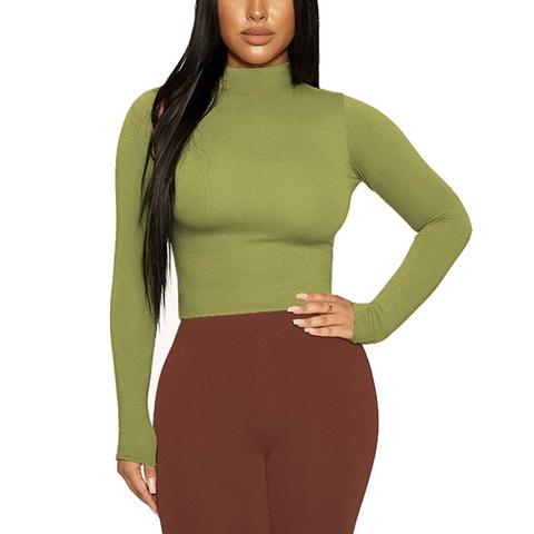 Women Mock Neck Long Sleeve Slim Fit T-Shirt Solid Color Sexy Stretchy Undershirt Polyester Spandex Casual Basic Top