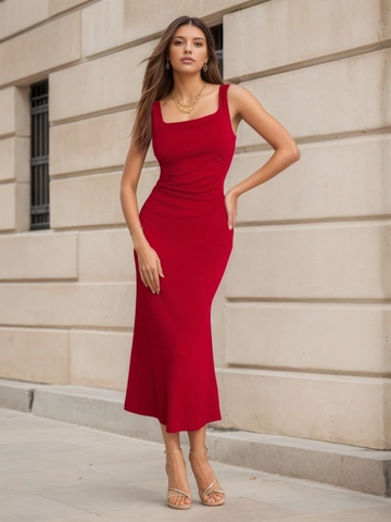 Women Sexy Red Square Neck Sleeveless Midi Dress Ruched Slim Fit Ribbed Knit Bodycon Summer Club Party Dress