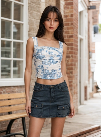 Retro Toile De Jouy Τύπωμα Crop Top Γυναικείο Χωρίς Μανίκια Τετράγωνη Λαιμόκοψη Vintage Γαλλικό Τοπ Τύπωμα Τοπίου Καλοκαίρι