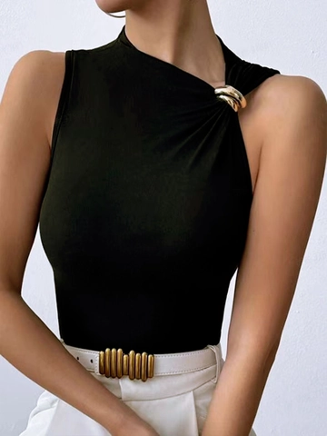 Women Asymmetric One Shoulder Sleeveless Top Solid Color Slim Fit Vest Gold Metal Ring Detail Sexy Summer Casual Clothing