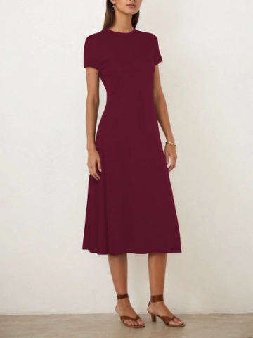 Women's Casual Round Neck Short Sleeve Slim Fit A-Line Midi Dress Elegant Solid Color Polyester Spandex Summer Fashion Outfits