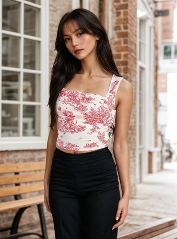 Retro Toile De Jouy Τύπωμα Crop Top Γυναικείο Χωρίς Μανίκια Τετράγωνη Λαιμόκοψη Vintage Γαλλικό Τοπ Τύπωμα Τοπίου Καλοκαίρι