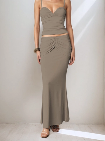 Women Sexy Ruched Two Piece Outfits Polyester Spandex Bodycon Cami Top And Midi Skirt Set Streetwear Night Out Summer Taupe
