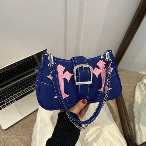 Borsa Sottobraccio Gotica Y2K In Tela Borsa A Spalla Con Toppe A Croce Rosa Catena Argentata Fibbia Per Donna Streetwear