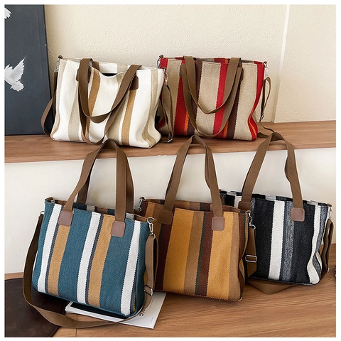 Bolso de Mano de Lona de Gran Capacidad para Mujer Rayas Estilo Coreano Bolso de Hombro Cruzado para Trabajo Viajes Estudiante