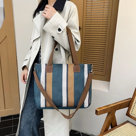 Bolso de Mano de Lona de Gran Capacidad para Mujer Rayas Estilo Coreano Bolso de Hombro Cruzado para Trabajo Viajes Estudiante