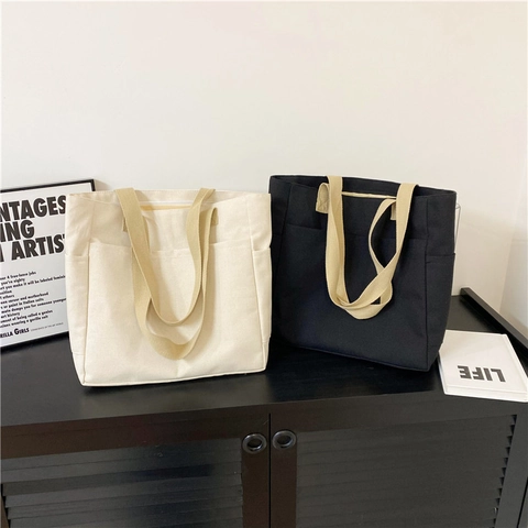 Women Minimalist Canvas Tote Bag Large Capacity Shoulder Bag Casual Commuter Handbag Multi Pockets Student School Bag Fashion