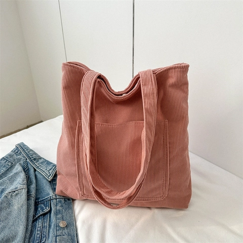 Large Capacity Corduroy Tote Bag For Women Retro Striped Texture Shoulder Bag With Front Pocket School Daily Handbag