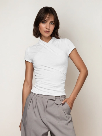 Women Elegant Wrap V Neck Short Sleeve T-Shirt Slim Fit Ruched Solid Color Polyester Basic Tee Top Summer Casual Wear