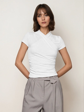 Women Elegant Wrap V Neck Short Sleeve T-Shirt Slim Fit Ruched Solid Color Polyester Basic Tee Top Summer Casual Wear