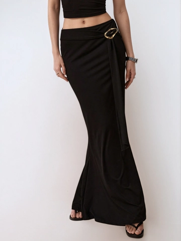 Jupe Sirène Noire Élégante pour Femmes Jupe Maxi Drapée à Taille Haute Avec Boucle Métallique Jupe en Polyester Ajustée