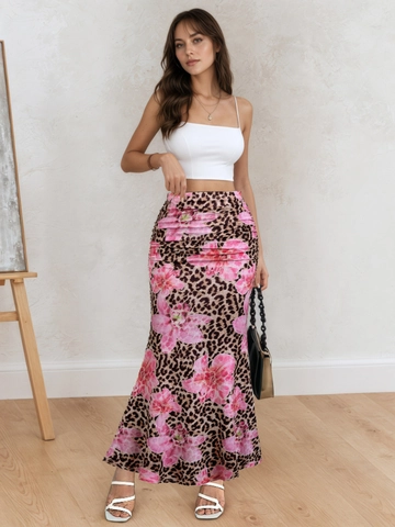 Damen Sexy Leopard Blumenmuster Maxirock Hohe Taille Schlanke Passform Gerafft Fischschwanz Bodycon Sommer Urlaub Langer Rock