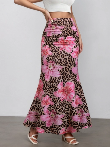 Damen Sexy Leopard Blumenmuster Maxirock Hohe Taille Schlanke Passform Gerafft Fischschwanz Bodycon Sommer Urlaub Langer Rock