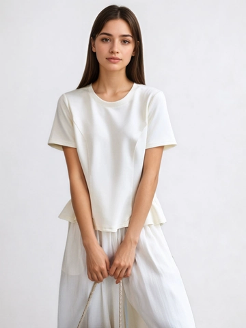 T-Shirt Femme Élégant Manches Courtes Pullover Ourlet à Volants Mélange de Fibres Chimiques Blanc Col Rond Coupe Ajustée Top Basique Vêtements Décontractés