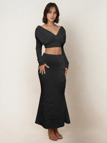 Damen Casual Hohe Taille Einfarbig Plissee Maxirock Slim Fit Wellenstruktur Fischschwanz Hüftrock Elegante Lange Unterteile