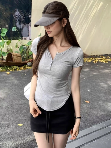 Camiseta Sexy de Cuello Henley para Mujer American High Street Ajustada de Manga Corta con Botones Top de Verano Casual