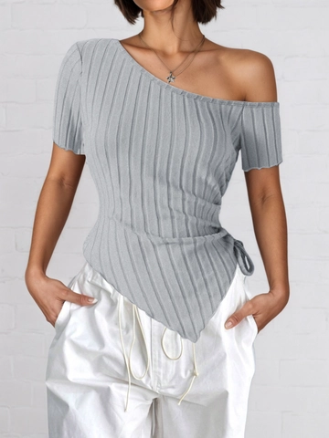 Damen Sexy T-Shirt Schulterfrei Rippenstrick Slim Fit Asymmetrischer Saum Kordelzug Kurzarm Grau Casual Top