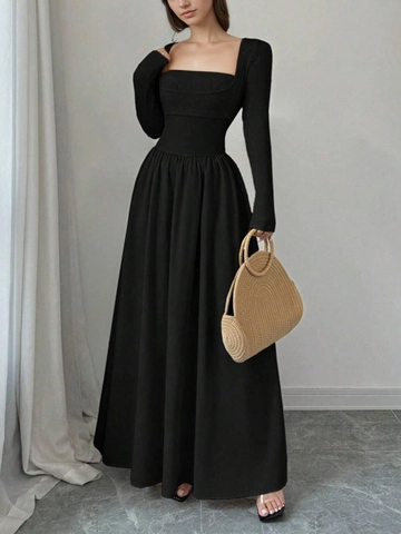 Elegant Square Neck Long Sleeve Maxi Dress For Women Fake Two Piece Slim Fit High Waist Solid Color Formal Party Dress