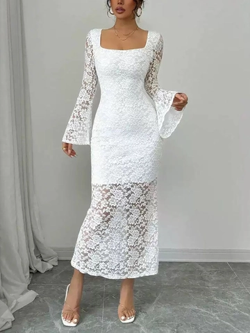 Dames Jurk Met Vierkante Hals En Klokmouwen Kant Patchwork Midi Jurk Sexy Slim Fit Zijsplit Wit Elegant Galajurk