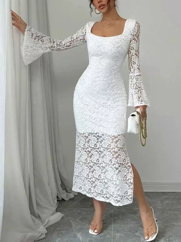 Dames Jurk Met Vierkante Hals En Klokmouwen Kant Patchwork Midi Jurk Sexy Slim Fit Zijsplit Wit Elegant Galajurk