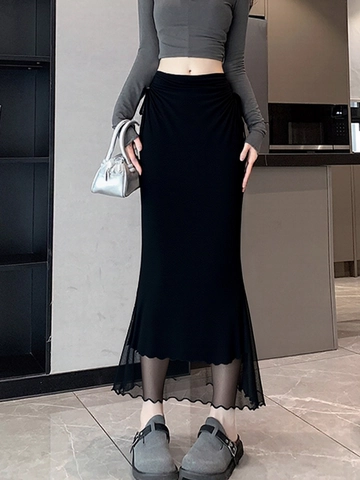 Women Sexy Black Mermaid Skirt Mesh Patchwork Drawstring High Waist Slim Fit Bodycon Summer Midi Skirt Fashion Party Wear