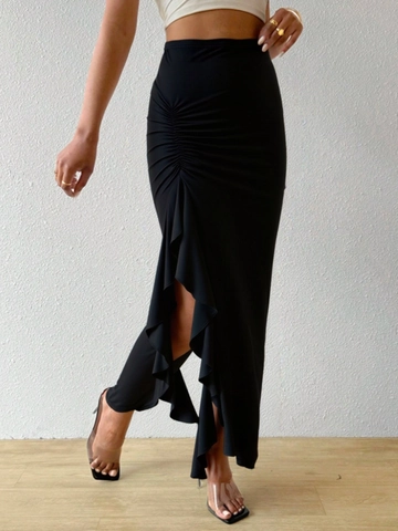 Jupe Femme Sexy Froncée à Volants Taille Haute Ourlet Irrégulier Fente Latérale Jupe Midi Bodycon Polyester Noir Mode