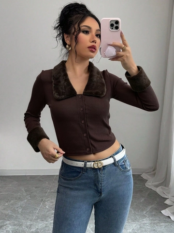 Damen Sexy Rippenstrick Strickjacke Mit Künstlichem Fellkragen Und Manschetten V-Ausschnitt Langarm Slim Fit Cropped Top