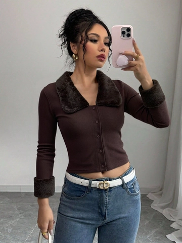 Damen Sexy Rippenstrick Strickjacke Mit Künstlichem Fellkragen Und Manschetten V-Ausschnitt Langarm Slim Fit Cropped Top