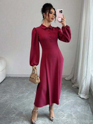 Elegante Vestido Largo Cuello Polo Rojo Vino Para Mujer Manga Linterna Corte En A Ajustado Color Sólido Moda Otoño