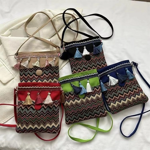 Bohemian Ethnic Style Canvas Crossbody Bag Women Tassel Wave Pattern Fashion Casual Shoulder Bag Daily Travel Handbag