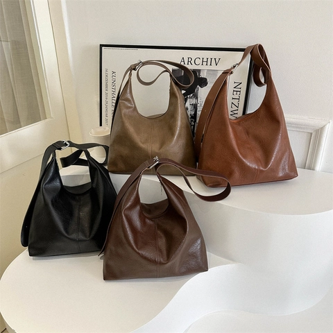 Women Vintage PU Leather Hobo Shoulder Bag Large Capacity Retro Solid Color Underarm Bag With Adjustable Strap Daily Tote