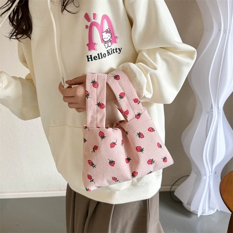 Dames Schattige Corduroy Handtas Aardbeienprint Kleine Tote Bag Mini Polstas Emmer Tas Casual Bloemenpatroon Handtas