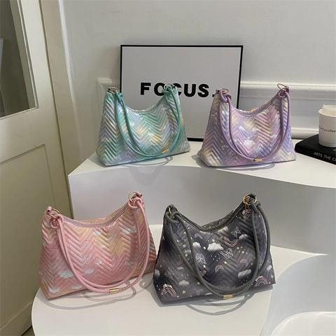 Borsa a Tracolla Trapuntata da Donna Motivo Farfalla Arcobaleno Borsa Sottoascellare alla Moda Borsa a Spalla Sfumata Tote