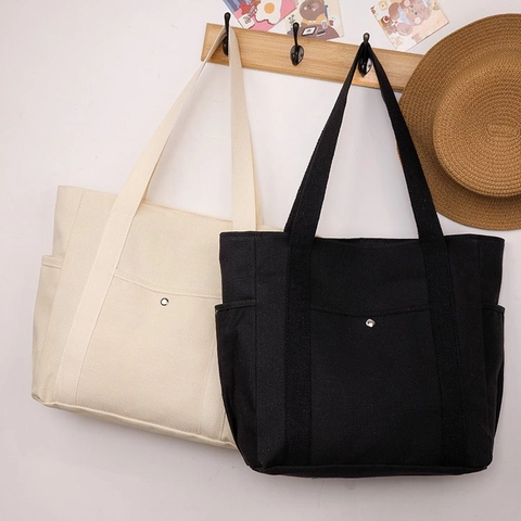 Minimalist Large Capacity Canvas Tote Bag For Women Solid Color Casual Shoulder Bag Multi Pocket Handbag Daily Work Bag