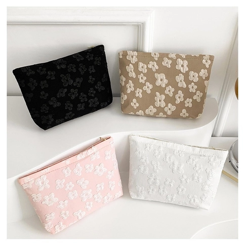 Bolso de Mano de Tela con Relieve Floral 3D Estilo Coreano para Mujer Elegante Cartera con Cremallera Bolsa de Cosméticos
