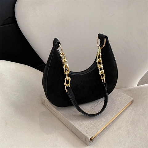 Vintage Suede Leather Half Moon Underarm Bag For Women Retro Gold Chain Hobo Bag Small Solid Color Crescent Shoulder Bag