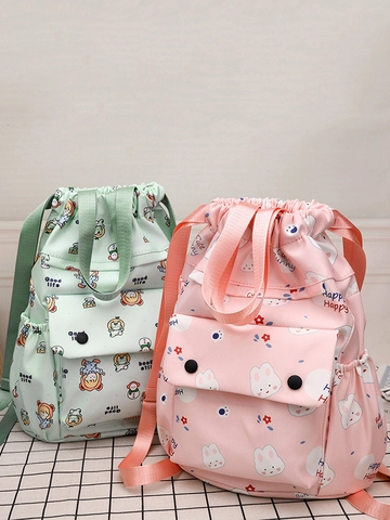 Lightweight Cartoon Drawstring Backpack For Women Students Oxford Cloth Travel Rucksack Sweet Rabbit Girl Print School Bag