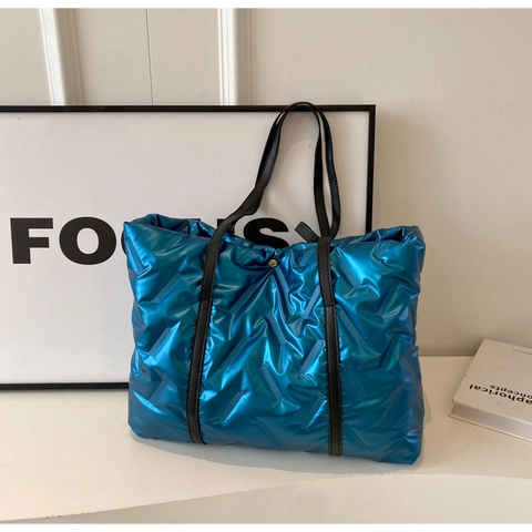 Women Fashion Metallic Quilted Puffy Tote Bag Large Capacity Down Cotton Shoulder Bag Casual Urban Style Shopper Handbag