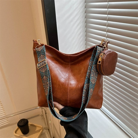 Women Vintage PU Leather Hobo Bag Large Capacity Shoulder Bag With Ethnic Embroidered Wide Strap And Round Coin Purse