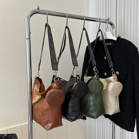 Women Vintage PU Leather Hobo Bag Large Capacity Shoulder Bag With Ethnic Embroidered Wide Strap And Round Coin Purse
