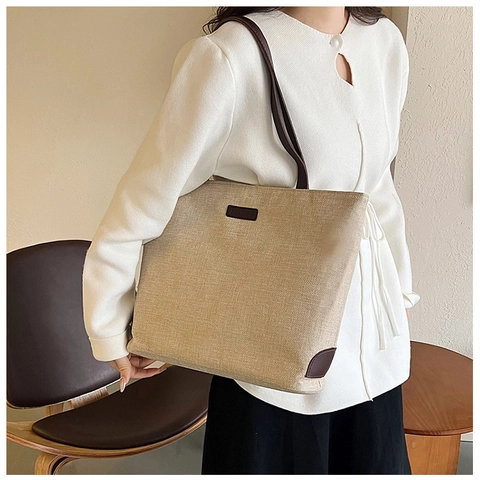 Damen Große Kapazität Einkaufstasche Leinenstruktur PU Leder Umhängetasche Minimalistische Pendler Handtasche Büro Alltagstasche