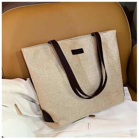 Damen Große Kapazität Einkaufstasche Leinenstruktur PU Leder Umhängetasche Minimalistische Pendler Handtasche Büro Alltagstasche