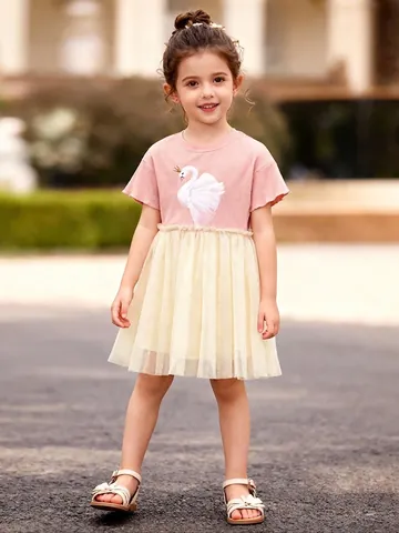 Mädchen Schwan Stickerei Patchwork Netz Tutu Kleid Süße Rippstrick Kurzarm Prinzessin Party Kleider Für Kinder