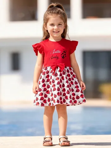 Vestito di Cotone da Ragazza Estivo a Maniche Corte Simpatico Abito da Principessa con Stampa a Coccinella Rossa per Bambini
