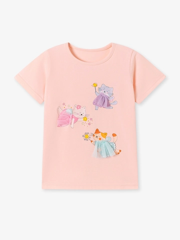 Girls Cotton Cartoon Cat T-Shirt Short Sleeve Round Neck Tee With 3D Tulle Detail Soft Breathable Summer Top For Kids
