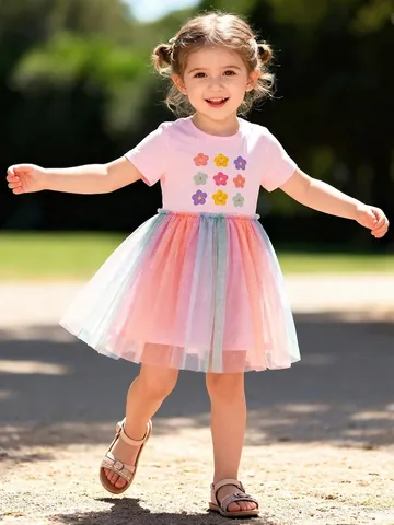 Girls Summer Cotton Rainbow Mesh Tutu Dress Floral Print Short Sleeve Princess Party Dress For Toddler Kids