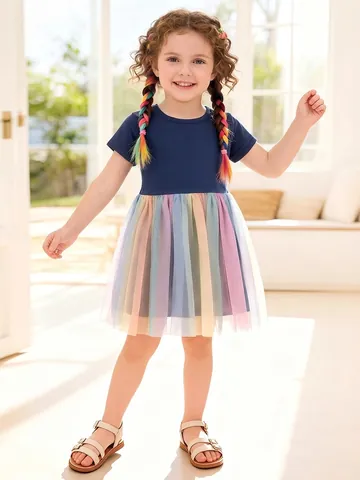 Robe en Maille Arc-en-Ciel à Manches Courtes pour Petites Filles Doux Patchwork Princesse Tulle Robe d'Été pour Enfants Tenue de Fête Décontractée