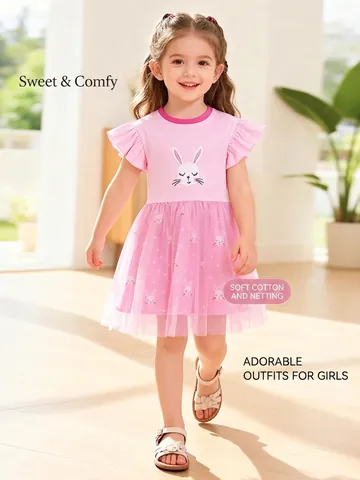 Abito Patchwork in Cotone Rosa per Ragazze Stampa a Coniglio Manica a Volant Gonna in Tulle a Pois Abiti Estivi Casual